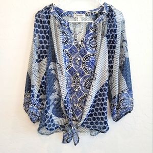 Dressbarn Blue and White Patterned Blouse